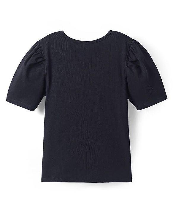 Pine Kids Cotton Knit Half Puffed Sleeves Top with Pearls Detailing - Black