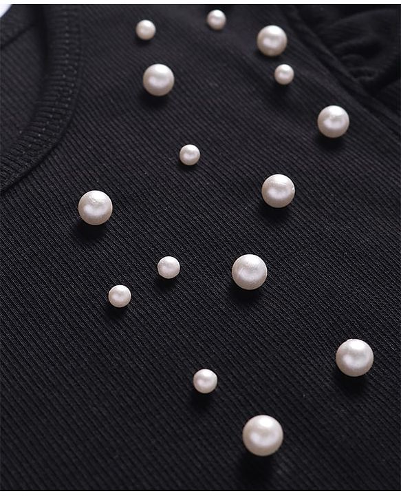 Pine Kids Cotton Knit Half Puffed Sleeves Top with Pearls Detailing - Black