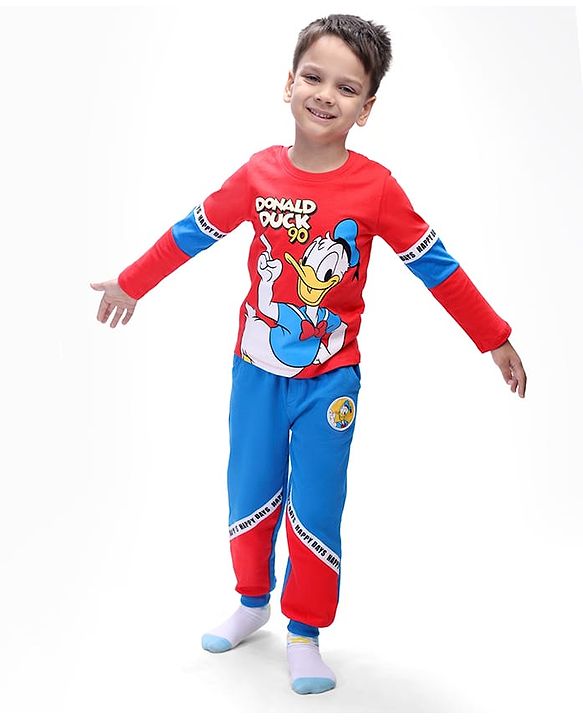 Babyhug Disney Single Jersey Knit Full Sleeves T-Shirt & Lounge Pant Set With Donald Duck Graphics - Red & Blue