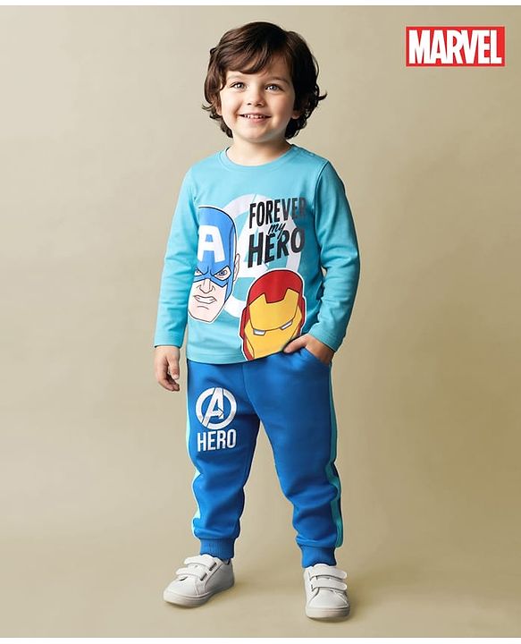 Babyhug Marvel Single Jersey Knit Full Sleeves T-Shirt & Lounge Pant Set With Avengers Graphics - Light & Medium Blue