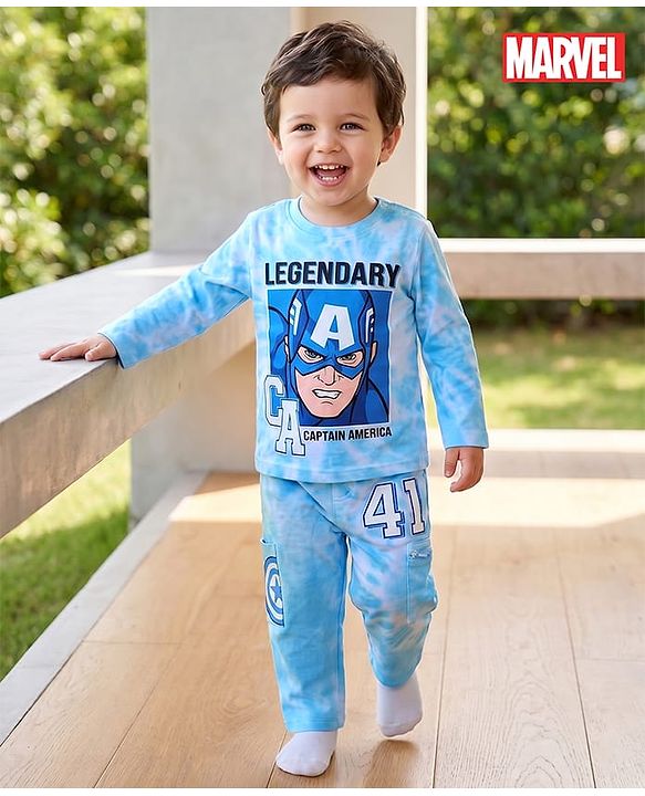Babyhug Marvel Single Jersey Knit Full Sleeves T-Shirt & Lounge Pants Set With Avengers Graphics - Light Blue