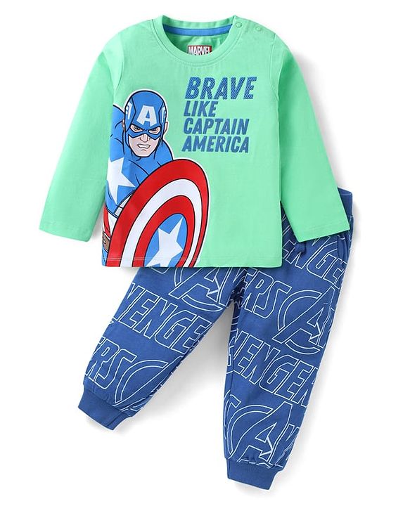 Babyhug Marvel Single Jersey Knit Full Sleeves T-Shirt & Lounge Pant Set With Avengers Graphics & Badge Detailing - Sea Green & Blue