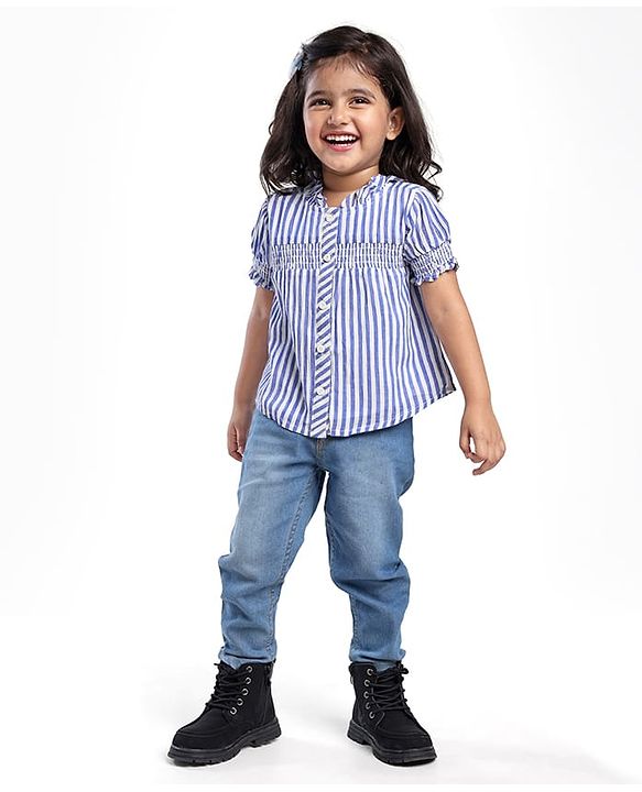 Babyhug Oxford Woven Half Puffed Sleeves Striped Top with Denim Jeans - Light Blue