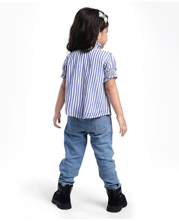 Babyhug Oxford Woven Half Puffed Sleeves Striped Top with Denim Jeans - Light Blue