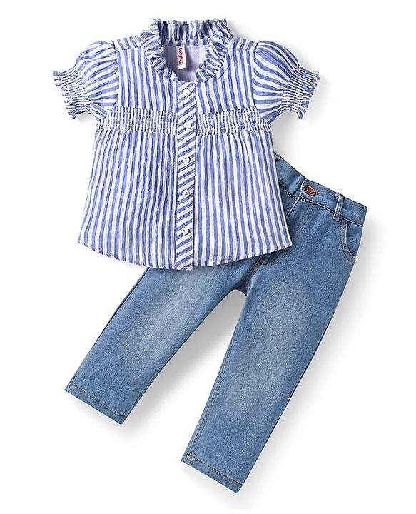 Babyhug Oxford Woven Half Puffed Sleeves Striped Top with Denim Jeans - Light Blue