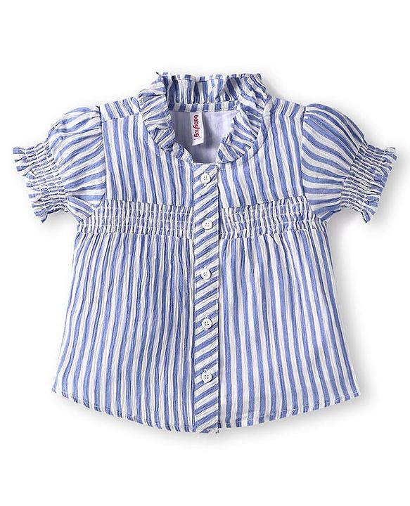 Babyhug Oxford Woven Half Puffed Sleeves Striped Top with Denim Jeans - Light Blue