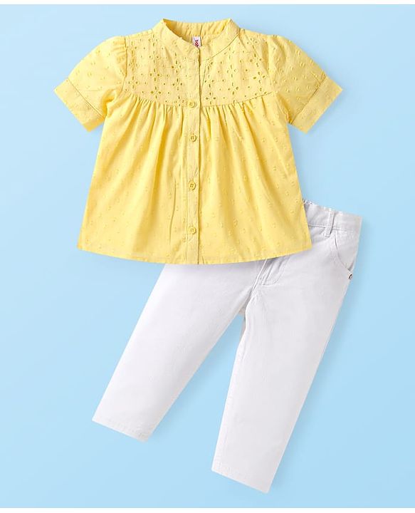 Babyhug Cotton Woven Half Sleeves Schiffli Detailed Top & Solid Denim Jeans Set - Yellow & White