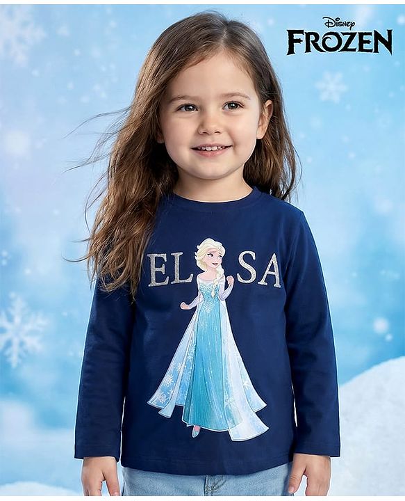 Babyhug Disney  Single Jersey Knit Full Sleeve T-Shirt With Frozen Graphics & Glitter Detailing - Navy Blue