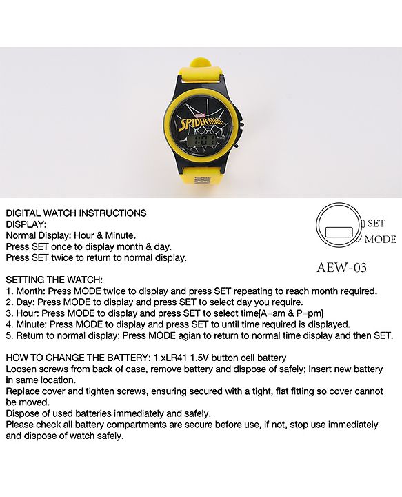 Pine Kids Marvel Digital Watch with Spiderman Print - Yellow  & Black