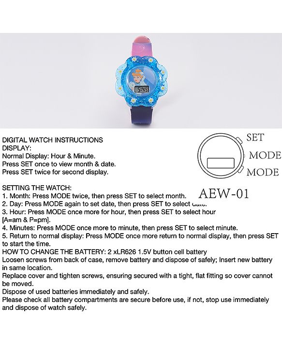 Babyhug Digital Watch with Cinderella Print - Light Blue