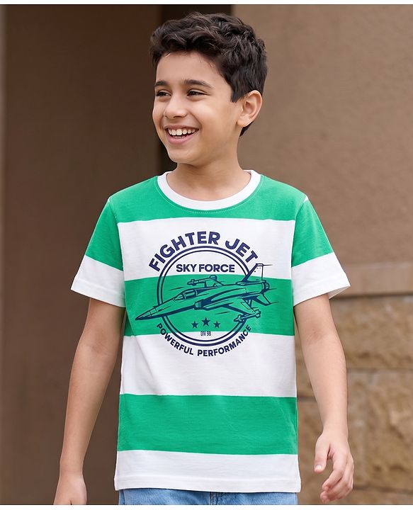 Pine Kids Cotton Knit Half Sleeves Striped T-Shirt With Airplane Print - White & Green