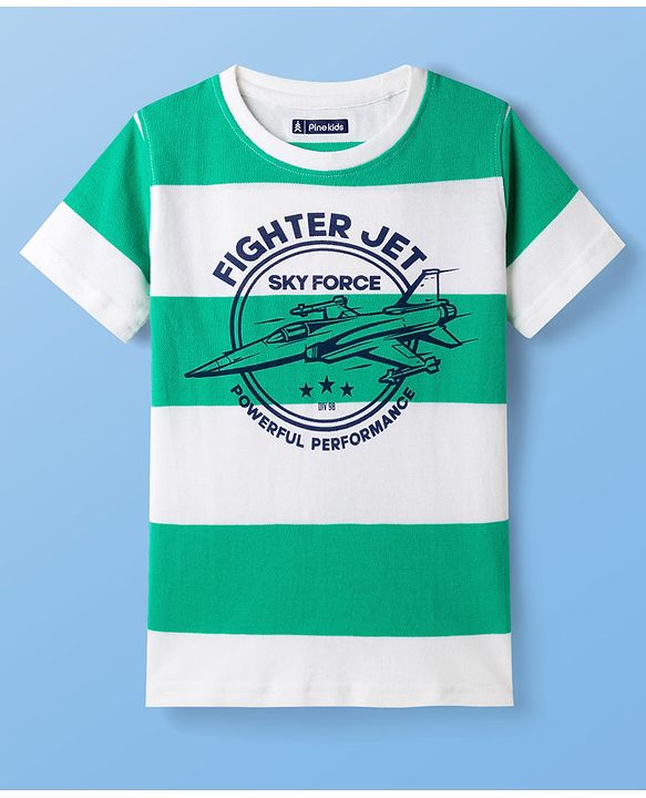 Pine Kids Cotton Knit Half Sleeves Striped T-Shirt With Airplane Print - White & Green