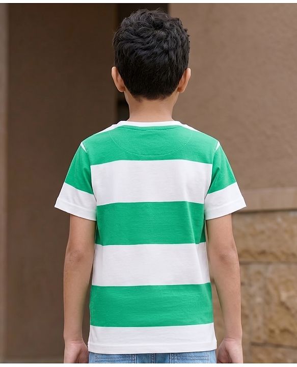 Pine Kids Cotton Knit Half Sleeves Striped T-Shirt With Airplane Print - White & Green