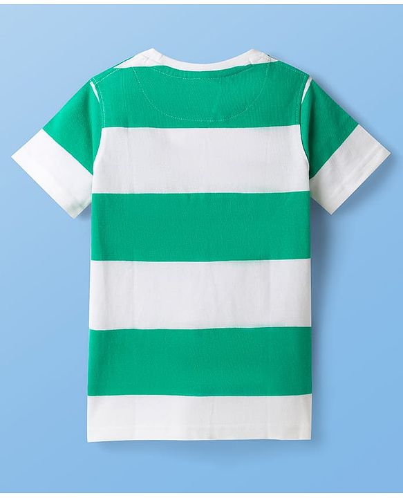 Pine Kids Cotton Knit Half Sleeves Striped T-Shirt With Airplane Print - White & Green