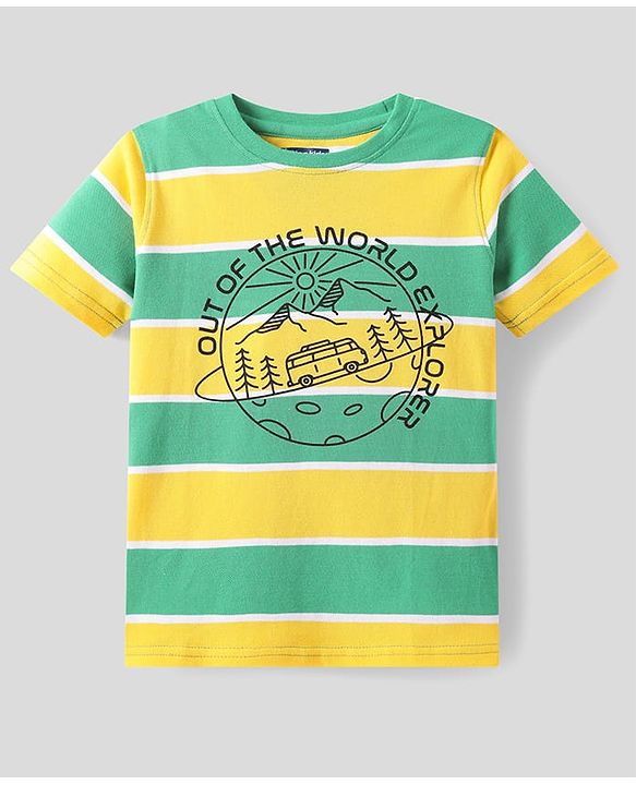 Pine Kids Cotton Knit Half Sleeves Striped T-Shirt With Sunset Print - Green & Yellow