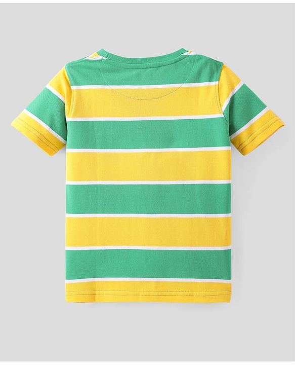 Pine Kids Cotton Knit Half Sleeves Striped T-Shirt With Sunset Print - Green & Yellow