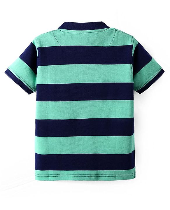 Pine Kids Cotton Knit Half Sleeves Striped Polo T-Shirt With Text Patch - Navy Blue & Green