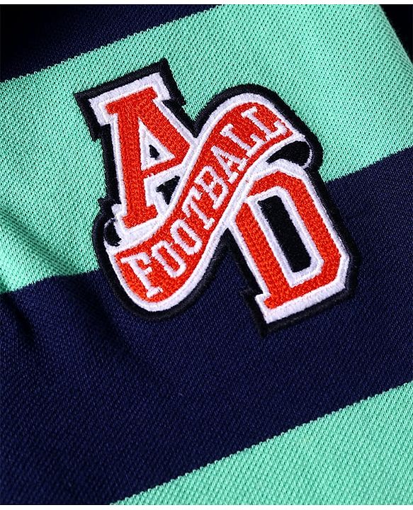 Pine Kids Cotton Knit Half Sleeves Striped Polo T-Shirt With Text Patch - Navy Blue & Green