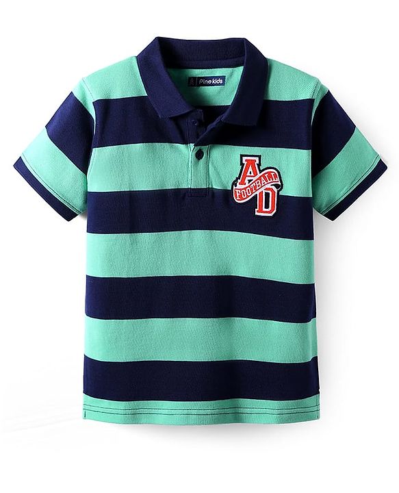 Pine Kids Cotton Knit Half Sleeves Striped Polo T-Shirt With Text Patch - Navy Blue & Green