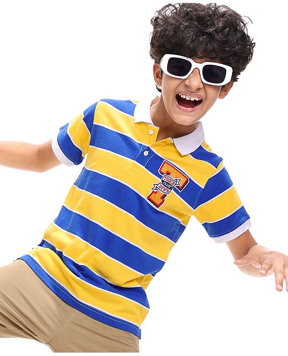 Pine Kids Cotton Knit Half Sleeves Collar T-Shirt With Stripes - Blue & Yellow