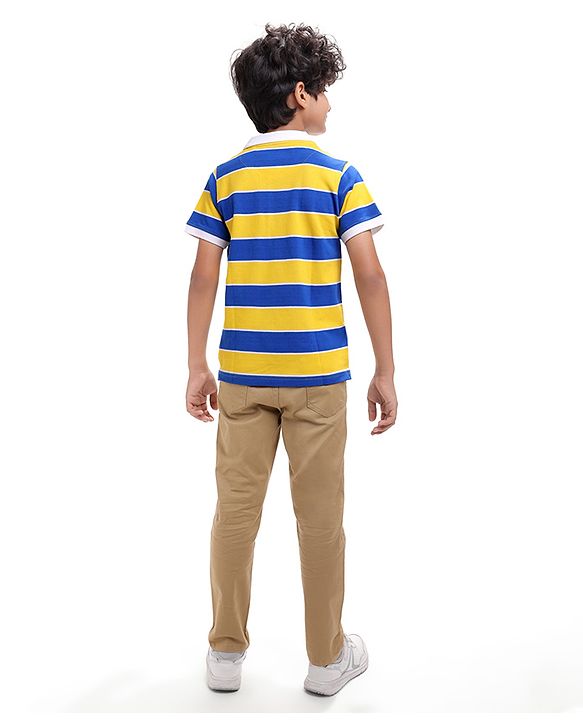 Pine Kids Cotton Knit Half Sleeves Collar T-Shirt With Stripes - Blue & Yellow