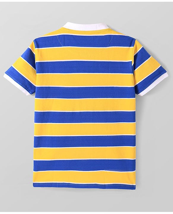 Pine Kids Cotton Knit Half Sleeves Collar T-Shirt With Stripes - Blue & Yellow