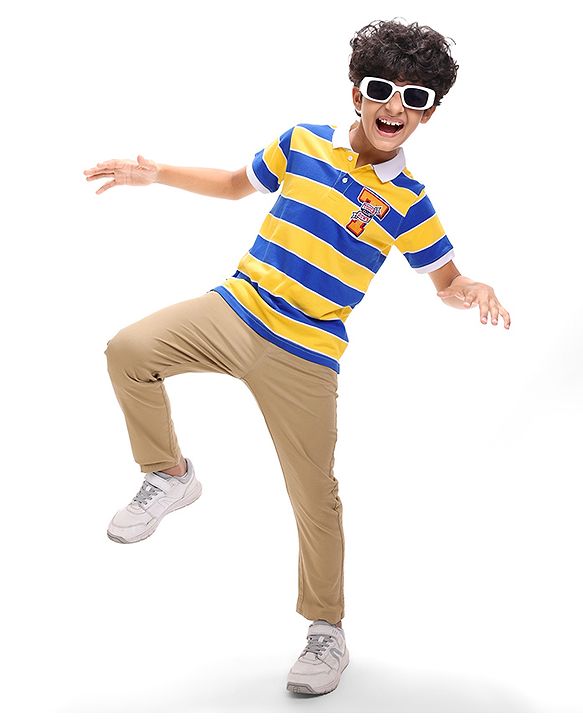 Pine Kids Cotton Knit Half Sleeves Collar T-Shirt With Stripes - Blue & Yellow