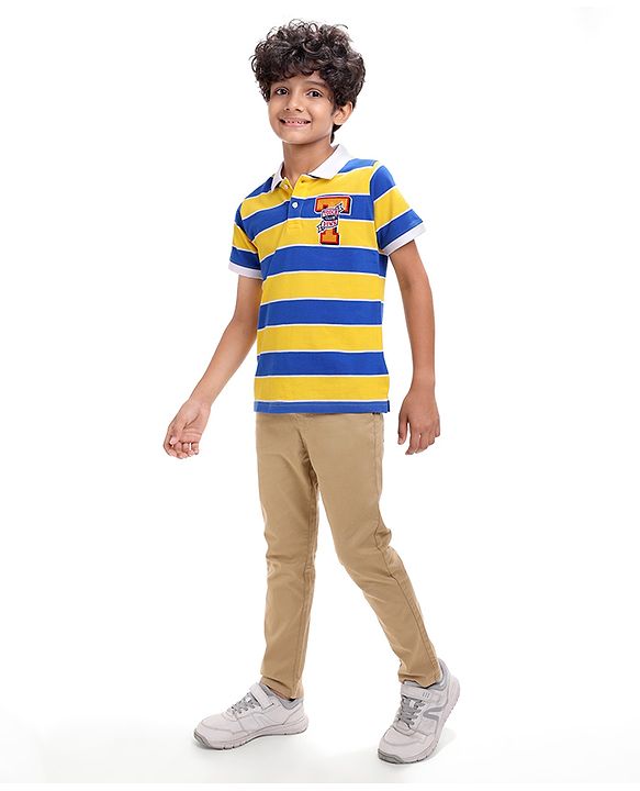 Pine Kids Cotton Knit Half Sleeves Collar T-Shirt With Stripes - Blue & Yellow