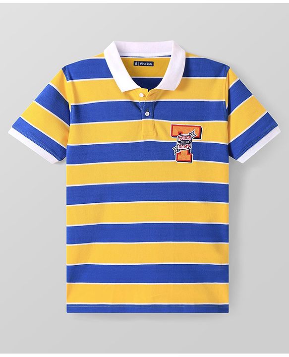 Pine Kids Cotton Knit Half Sleeves Collar T-Shirt With Stripes - Blue & Yellow