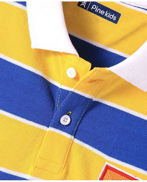 Pine Kids Cotton Knit Half Sleeves Collar T-Shirt With Stripes - Blue & Yellow