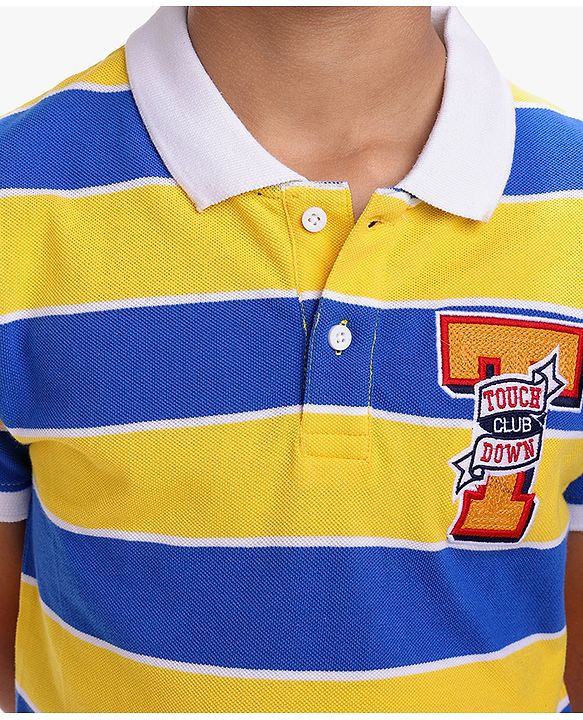 Pine Kids Cotton Knit Half Sleeves Collar T-Shirt With Stripes - Blue & Yellow