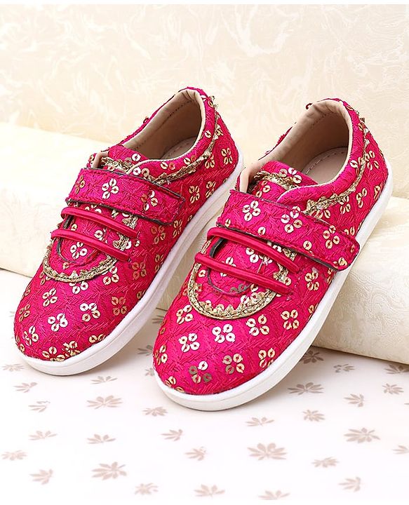 Pine Kids Velcro Closure Ethnic Shoes with Floral Sequin Detailing - Pink