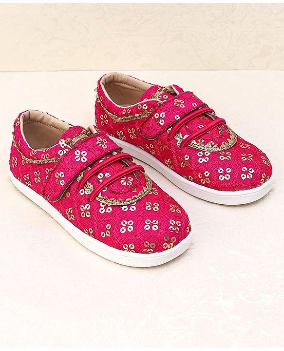 Pine Kids Velcro Closure Ethnic Shoes with Floral Sequin Detailing - Pink