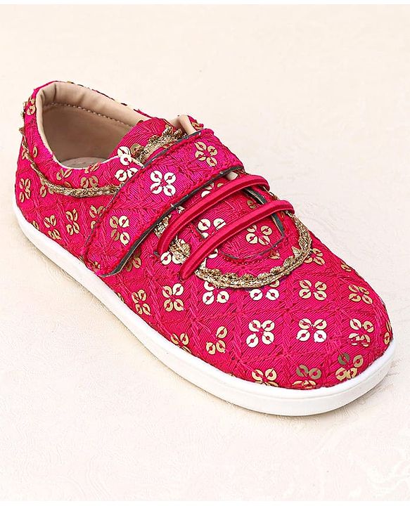 Pine Kids Velcro Closure Ethnic Shoes with Floral Sequin Detailing - Pink