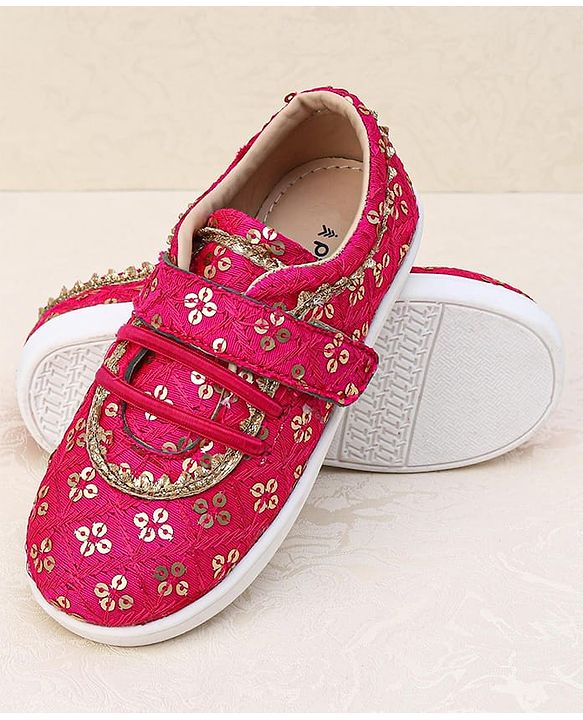 Pine Kids Velcro Closure Ethnic Shoes with Floral Sequin Detailing - Pink