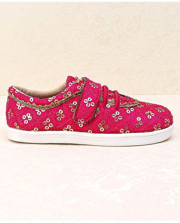 Pine Kids Velcro Closure Ethnic Shoes with Floral Sequin Detailing - Pink