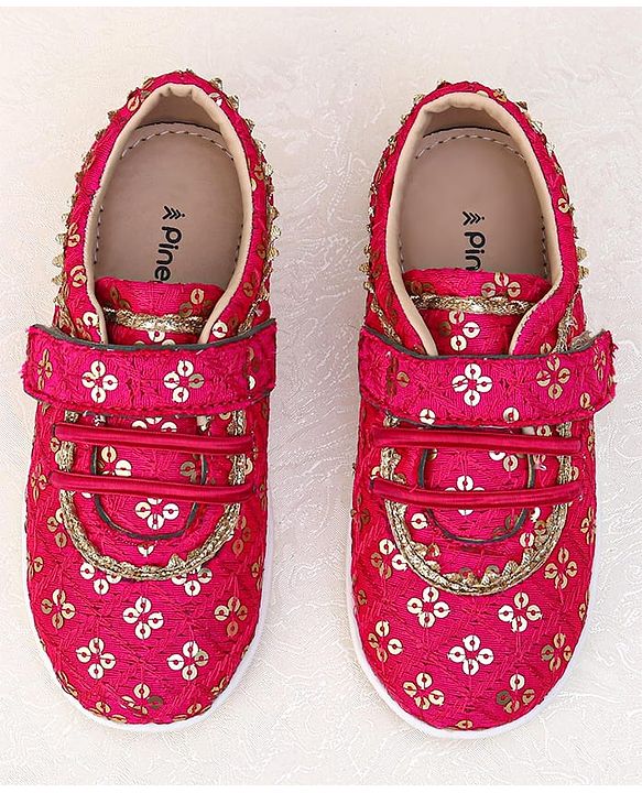 Pine Kids Velcro Closure Ethnic Shoes with Floral Sequin Detailing - Pink