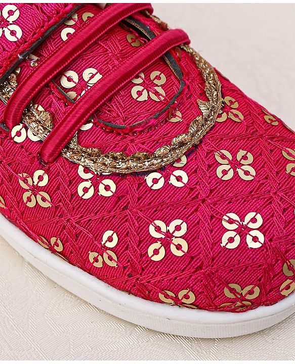 Pine Kids Velcro Closure Ethnic Shoes with Floral Sequin Detailing - Pink