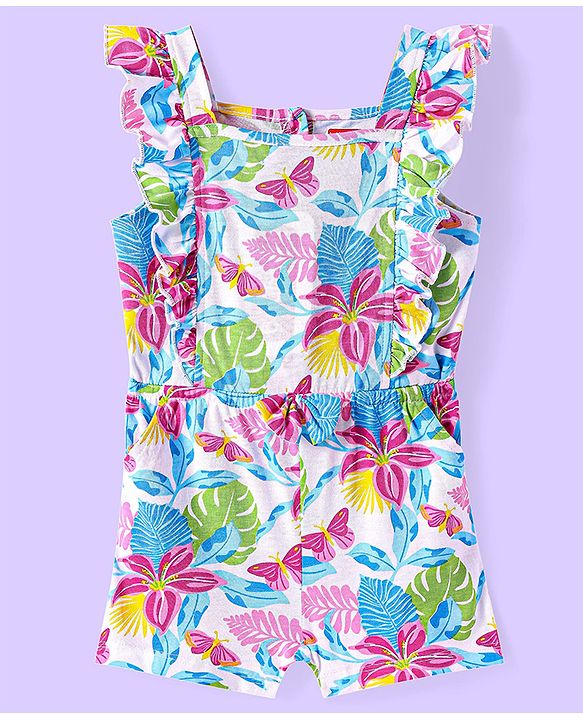 Babyhug Single Jersey Knit Sleeveless Jumpsuit With Floral & Butterfly Print - White