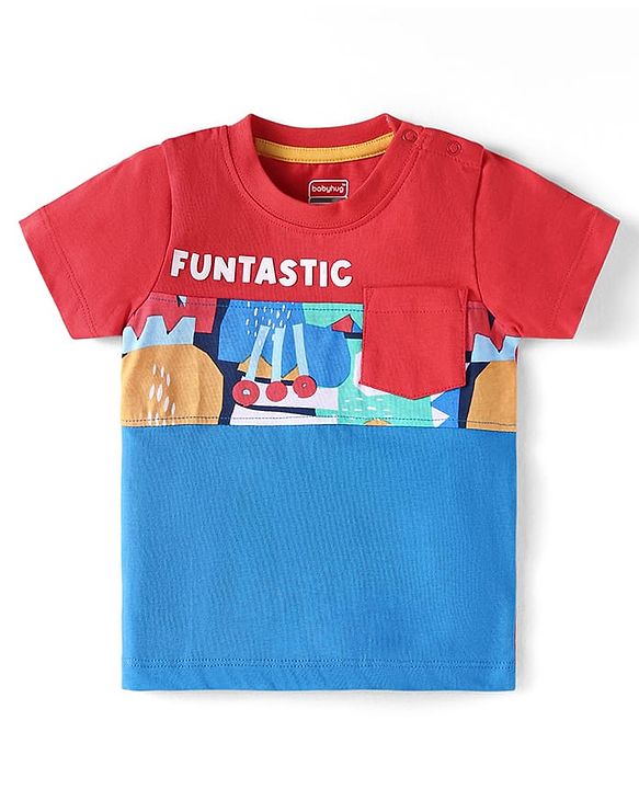 Babyhug Cotton Knit Half Sleeves T-Shirt with Fruit Print & Pocket - Blue & Red