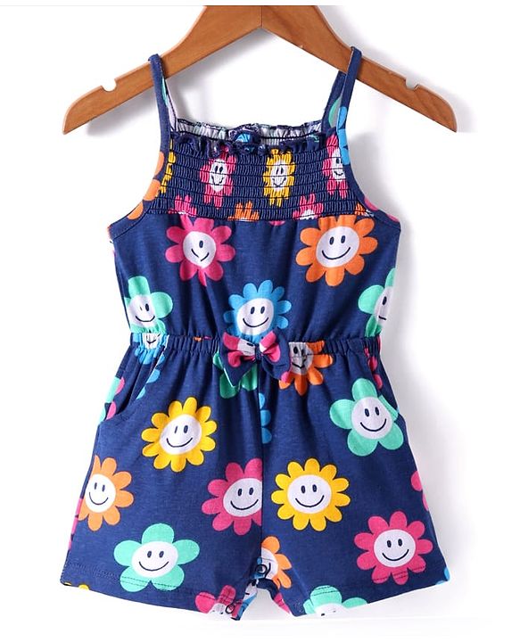 Babyhug Single Jersey Knit Singlet Sleeves Floral Printed Jumpsuit with Pockets - Navy Blue