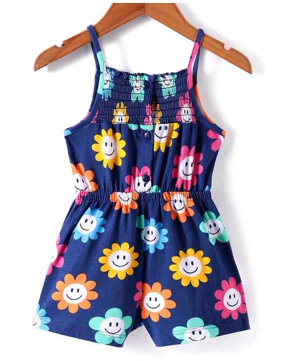 Babyhug Single Jersey Knit Singlet Sleeves Floral Printed Jumpsuit with Pockets - Navy Blue