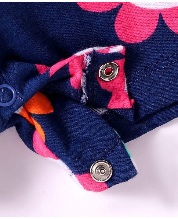 Babyhug Single Jersey Knit Singlet Sleeves Floral Printed Jumpsuit with Pockets - Navy Blue