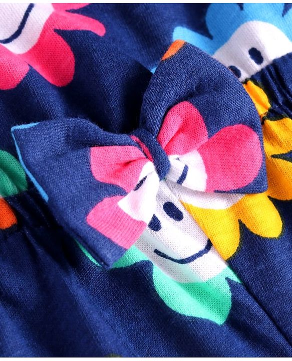 Babyhug Single Jersey Knit Singlet Sleeves Floral Printed Jumpsuit with Pockets - Navy Blue