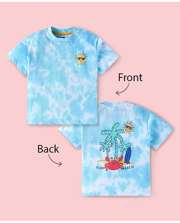 Babyhug Cotton Knit Half Sleeves Tie & Dye T-Shirt with Beach Theme Print in Back - White & Blue