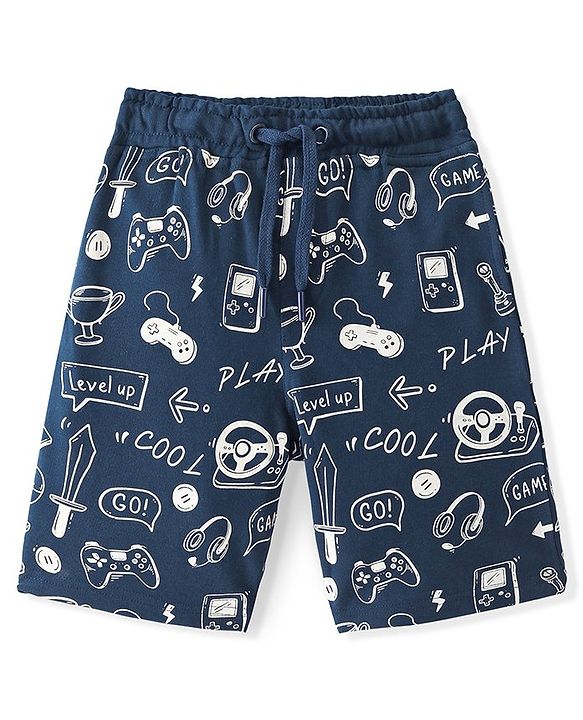 Pine Kids Above Knee Length Shorts With Gaming Print - Navy Blue