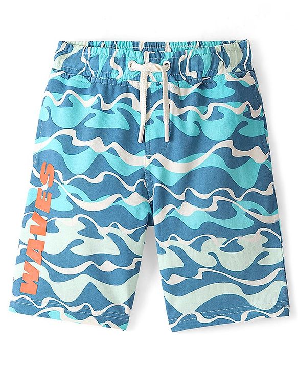 Pine Kids Above Knee Length Shorts With Sea Waves Print - Blue