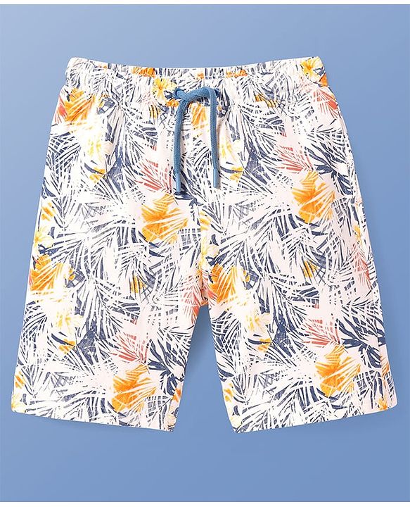 Pine Kids Above Knee Length Shorts With Leafy Print - Off White