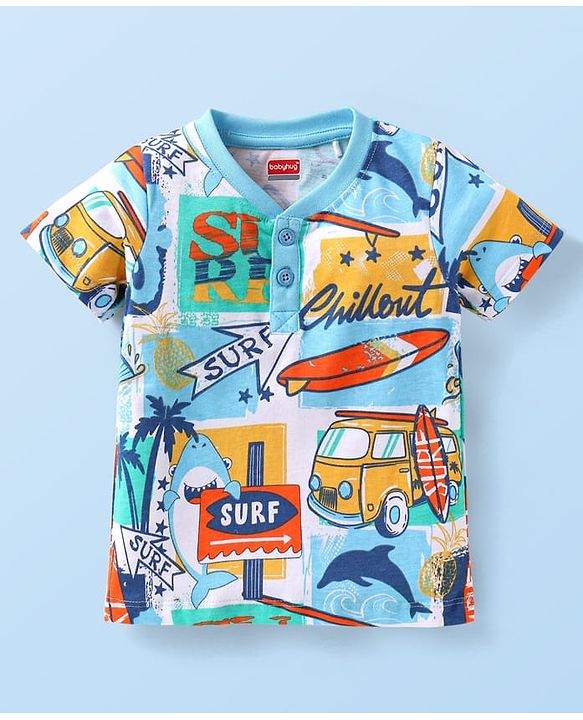 Babyhug Cotton Knit Half Sleeves Henley T-Shirt with Beach Theme Print - Light Blue