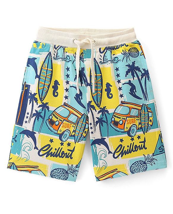 Pine Kids Above Knee Length Shorts With Beach Theme Print - White